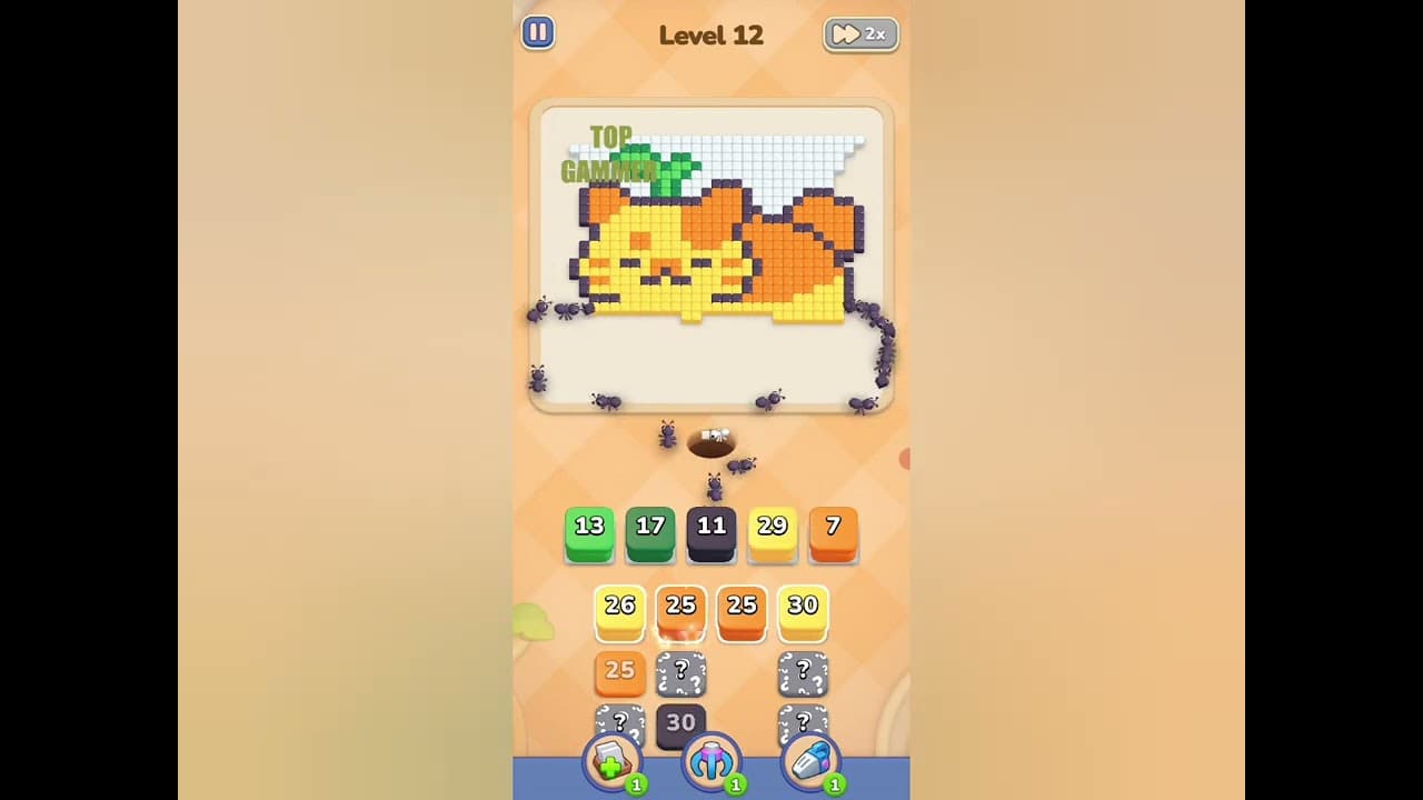 Colony Flow gameplay screenshot showing ants carrying colorful cubes through a puzzle board