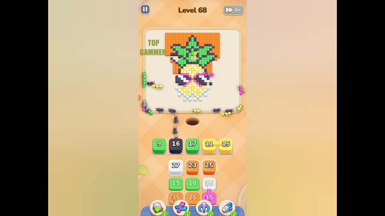 Colony Flow gameplay screenshot showing ants carrying colorful cubes through a puzzle board